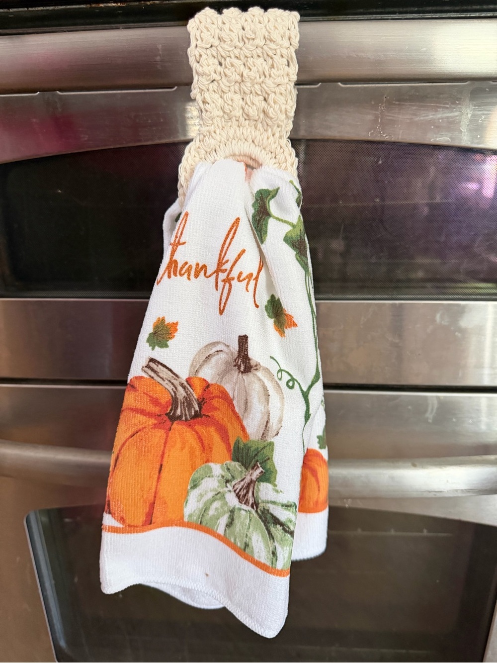 Thankful Pumpkin Kitchen Hanging Towel - Orange & White